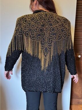 Beaded Black Jacket with Gold Fringe Embellishment